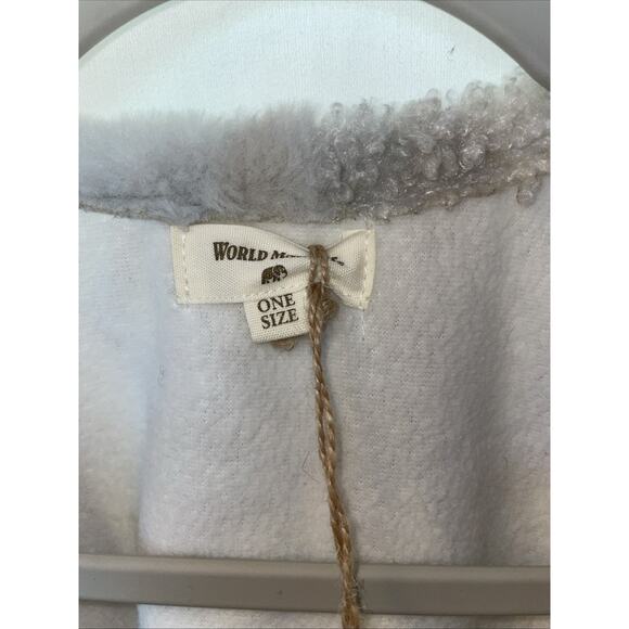 Long Sherpa Faux Fur Lined Open Vest Cardigan Pockets World Market Blue Cream - Picture 9 of 13